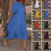 Women Summer Cotton Linen Short Sleeve Tiered Maxi Dress Crewneck Casual Loose Solid Flowy Beach Swing Midi Tshirt Tunic Dress Plus Size view 3