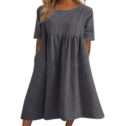 Akivide Womens Comfy Cotton Linen Loose Maxi Dress Solid Half Sleeve Crewneck Linen Dress Summer Beach Dress with Pockets