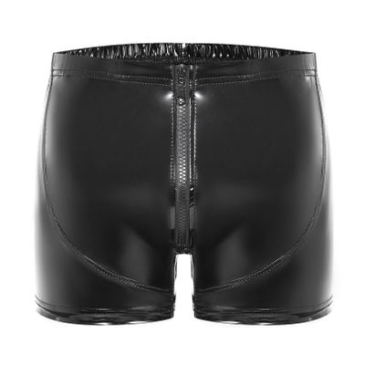 YiZYiF Men's Latex PVC Faux Leather Short Pants Solid Buckled Crotchless Boxer Shorts Hot Pants 5#Black CC Medium