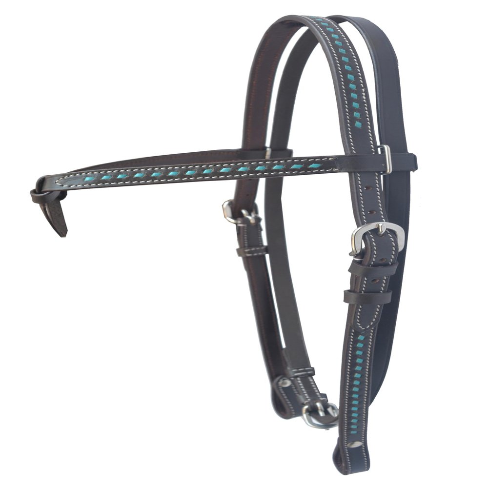WeavingCraft Brown Leather Western Headstall Bridle with Futurity Knot Browband and Hand-Braided Rawhide Accents (Rawhide, Turquoise)