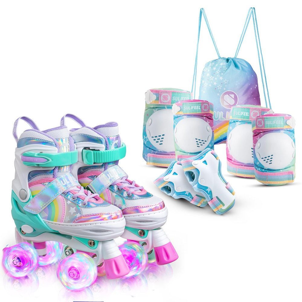 SULIFEEL Rainbow Unicorn Roller Skates for Kids with Adjustable Protective Gear Set Dazzle Small