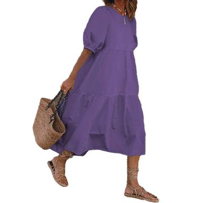 Women Summer Cotton Linen Short Sleeve Tiered Maxi Dress Crewneck Casual Loose Solid Flowy Beach Swing Midi Tshirt Tunic Dress Plus Size