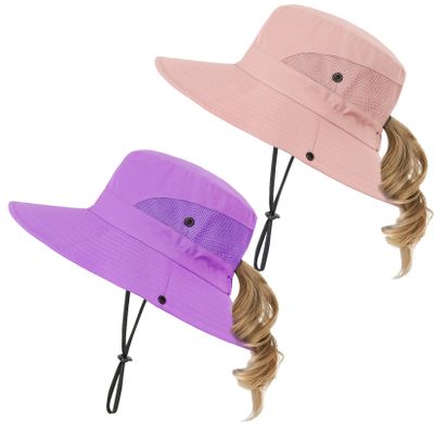 Century Star Kids Sun Hat Ponytail Girls UPF 50 Bucket Cap Summer Beach Fishing Kids Hat Wide Brim Adjustable Swim Hat 2Pcs Purple&Pink 8-12T