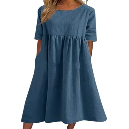 Akivide Womens Comfy Cotton Linen Loose Maxi Dress Solid Half Sleeve Crewneck Linen Dress Summer Beach Dress with Pockets