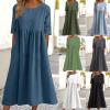 Akivide Womens Comfy Cotton Linen Loose Maxi Dress Solid Half Sleeve Crewneck Linen Dress Summer Beach Dress with Pockets view 4