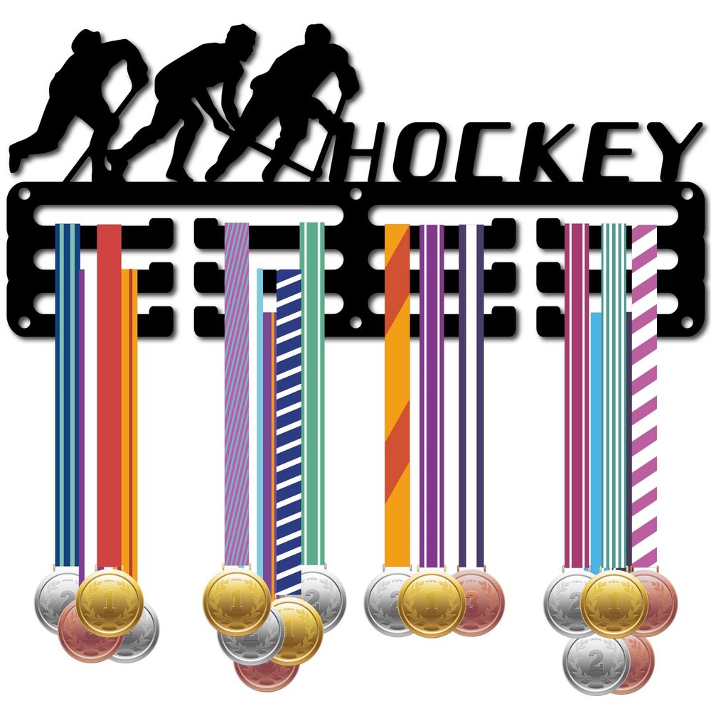 CREATCABIN Hockey Medal Holder Display Medal Hangers Sports Awards Rack Iron Frame with Hooks Small Wall Mount Medal Hangers Organizer for Hanging Medals Badges Player Medalist 11.4 x 5.1Inch Black
