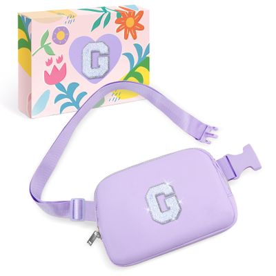 COSHAYSOO Purple Belt Bag Crossbody Initial Fanny Waist Pack Small Cross Body Chest Purse for Teen Girls Women Running Hiking Workouts Fashion Little Big Sister Birthday Easter Gift Letter G