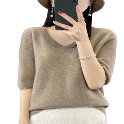 Dcvmvmn Women Spring Fashion Short Sleeve Knitted Sweaters Merino Wool V-Neck Top Pullover
