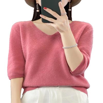 Dcvmvmn Women Spring Fashion Short Sleeve Knitted Sweaters Merino Wool V-Neck Top Pullover