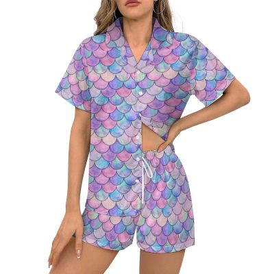 Ysidec Mermaid Fish Scale Womens Pajama Sets 2 Piece Short Sleeve Sleepwear Button Down Loungewear S