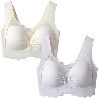 2pcs Women's Push-Up Vest Style All-in-One Bra, Ice Silk Seamless Lace Bra,Plus Size Comfortable Sports Bras (Style C,2XL)