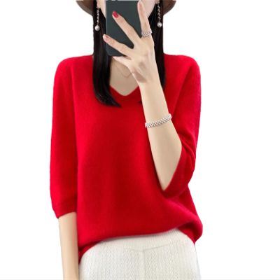 Dcvmvmn Women Spring Fashion Short Sleeve Knitted Sweaters Merino Wool V-Neck Top Pullover Red