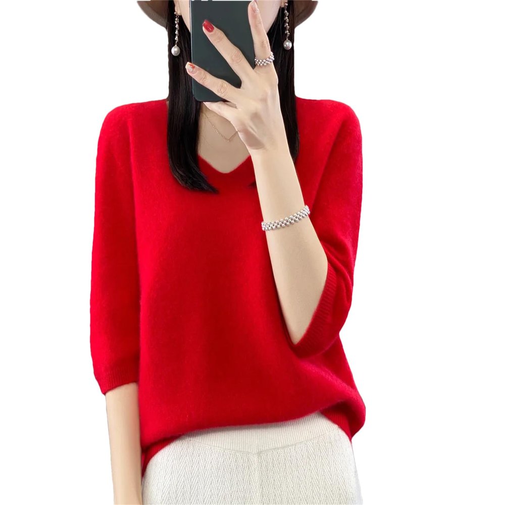Dcvmvmn Women Spring Fashion Short Sleeve Knitted Sweaters Merino Wool V-Neck Top Pullover Red