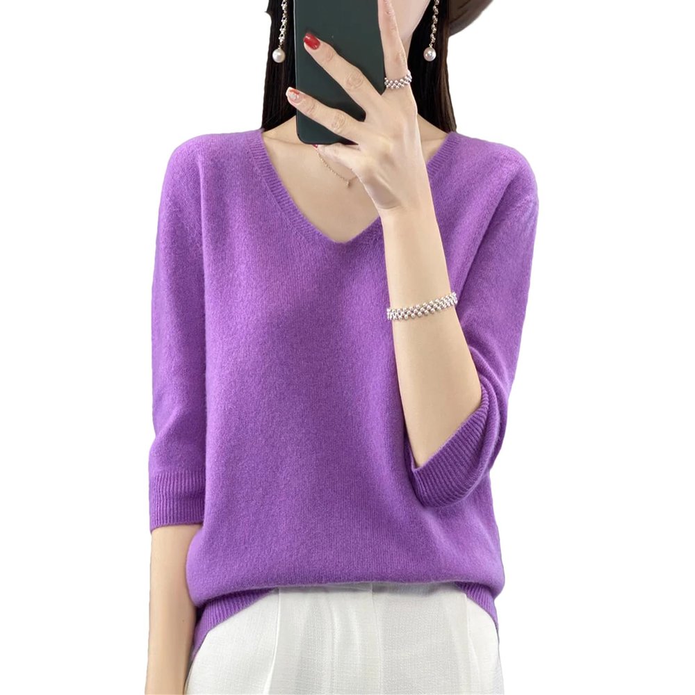 Dcvmvmn Women Spring Fashion Short Sleeve Knitted Sweaters Merino Wool V-Neck Top Pullover