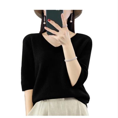 Dcvmvmn Women Spring Fashion Short Sleeve Knitted Sweaters Merino Wool V-Neck Top Pullover Black