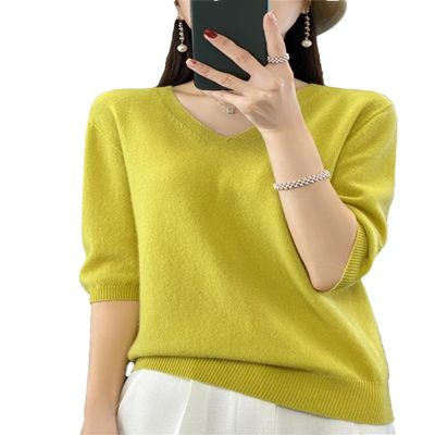 Dcvmvmn Women Spring Fashion Short Sleeve Knitted Sweaters Merino Wool V-Neck Top Pullover Yellow