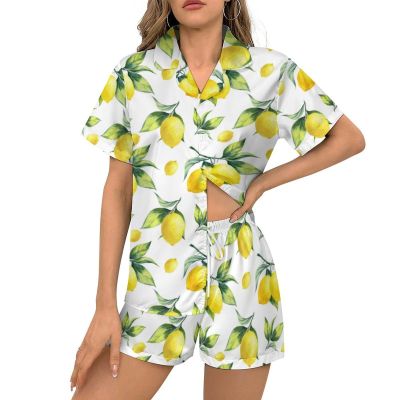 Ysidec Yellow Lemon Green Leaves Womens Pajama Sets 2 Piece Short Sleeve Sleepwear Button Down Loungewear XL