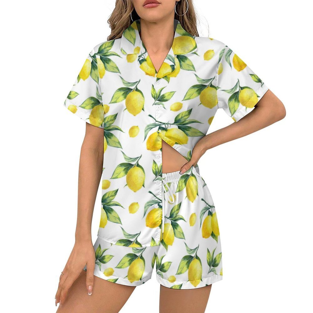 Ysidec Yellow Lemon Green Leaves Womens Pajama Sets 2 Piece Short Sleeve Sleepwear Button Down Loungewear XL