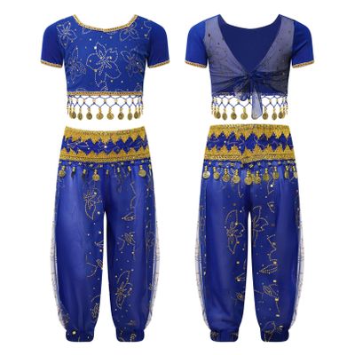YiZYiF Girls Indian Belly Dance Outfit Halloween Costume Party Fancy Dress Up Crop Top with Bloomers Pants Carnival Sets Blue B Dance Outfits 3-5 Years