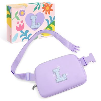 COSHAYSOO Purple Belt Bag Crossbody Initial Fanny Waist Pack Small Cross Body Purse for Teen Girl Daughter Granddaughter Unique Personalized Birthday Easter Gifts from Mom Dad Grandma Letter L