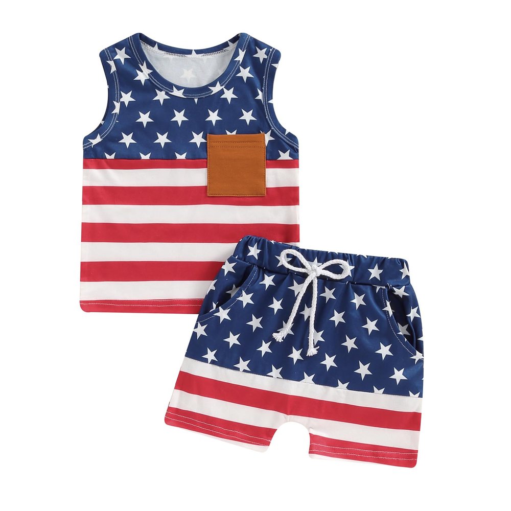allshope Toddler Baby Boy Summer Outfits Striped Sleeveless Tank Tops and Stretch Casual Shorts Pocket Set Cute Newborn Clothes (4th of July Stripe Star, 6-12 Months)