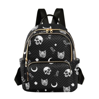 PJGINUIUA Women Fashion Backpack Purse Casual Lightweight Travel Shoulder Bag Skull Cat Moon Gothic Pattern Rucksack Ladies Bag, Small