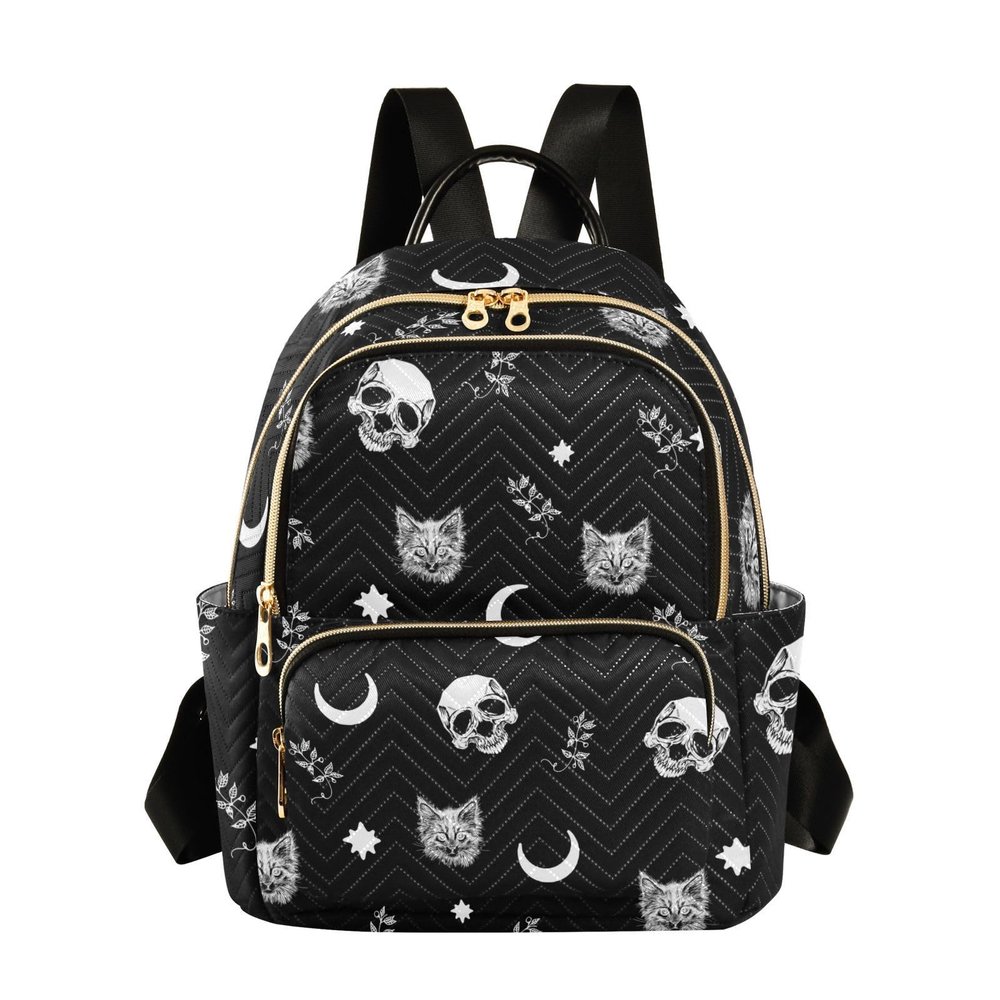 PJGINUIUA Women Fashion Backpack Purse Casual Lightweight Travel Shoulder Bag Skull Cat Moon Gothic Pattern Rucksack Ladies Bag, Small