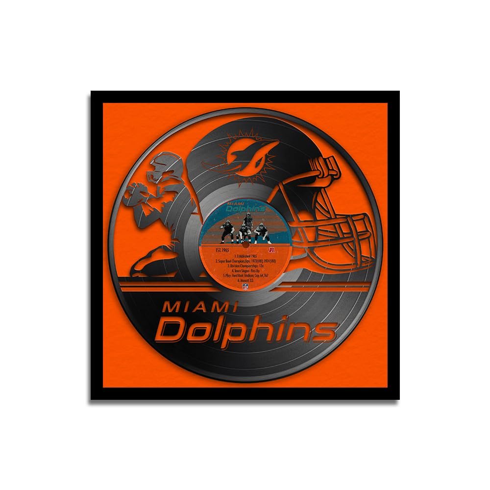 Sporticulture Football Wall Art Framed Vinyl Record Decor Print - 13X13 NFL Football Posters For Boys Bedroom & Decorations for Man Cave - Miami Dolphins