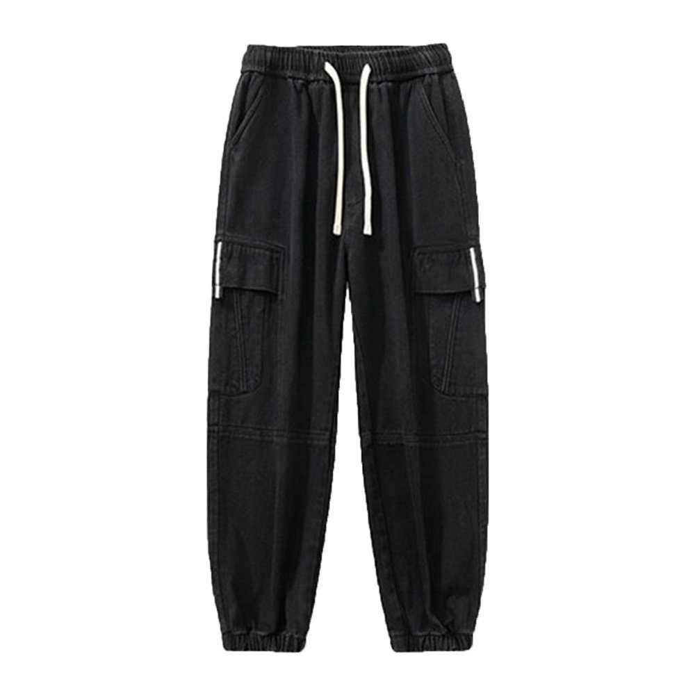 Men's Side Pockets Casual Harem Pants Relaxed Fit Drawstring Joggers Pants Outdoor Hiking Cotton Cargo Sweatpants (Black,XX-Large)