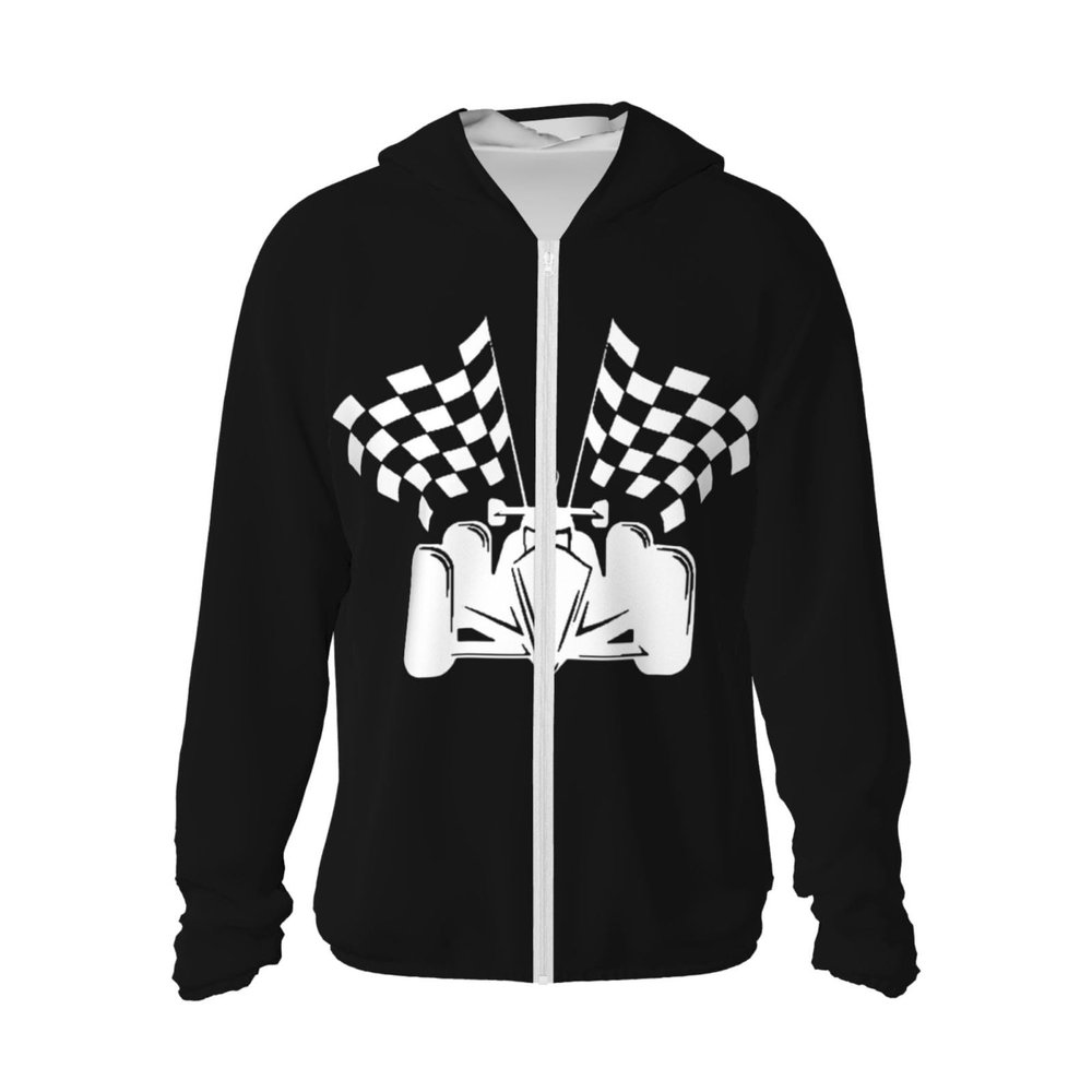 Checkered Flags Race Car Flag UPF 50+ Sun Protection Hoodie Man Women's Long Sleeve Athletic Shirt Full Zip Jacket Hooded Black