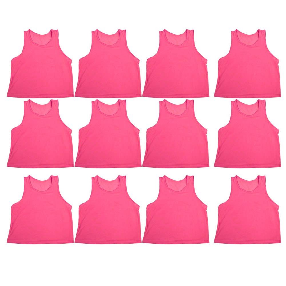 Topyond 12 PCS Sports Jersey Vests Soccer Pinnies Basketball Team Practice Nylon Large Mesh Scrimmage for Youth Kids Children Football Rose Red