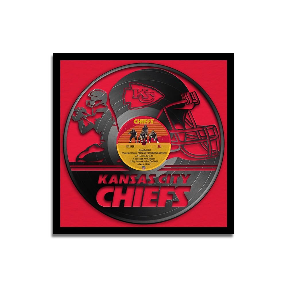 Sporticulture Football Wall Art Framed Vinyl Record Decor Print - 13X13 NFL Football Posters For Boys Bedroom & Decorations for Man Cave - Kansas City Chiefs