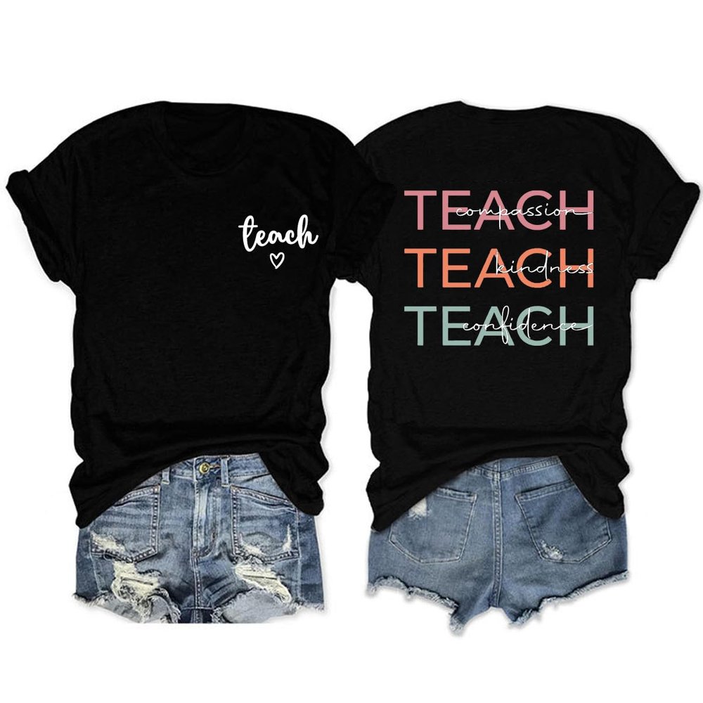 Teach Compassion Teach Kindness Teach Confidence T-Shirt Womens Vintage Teacher Shirt Casual Graphic Tees Black