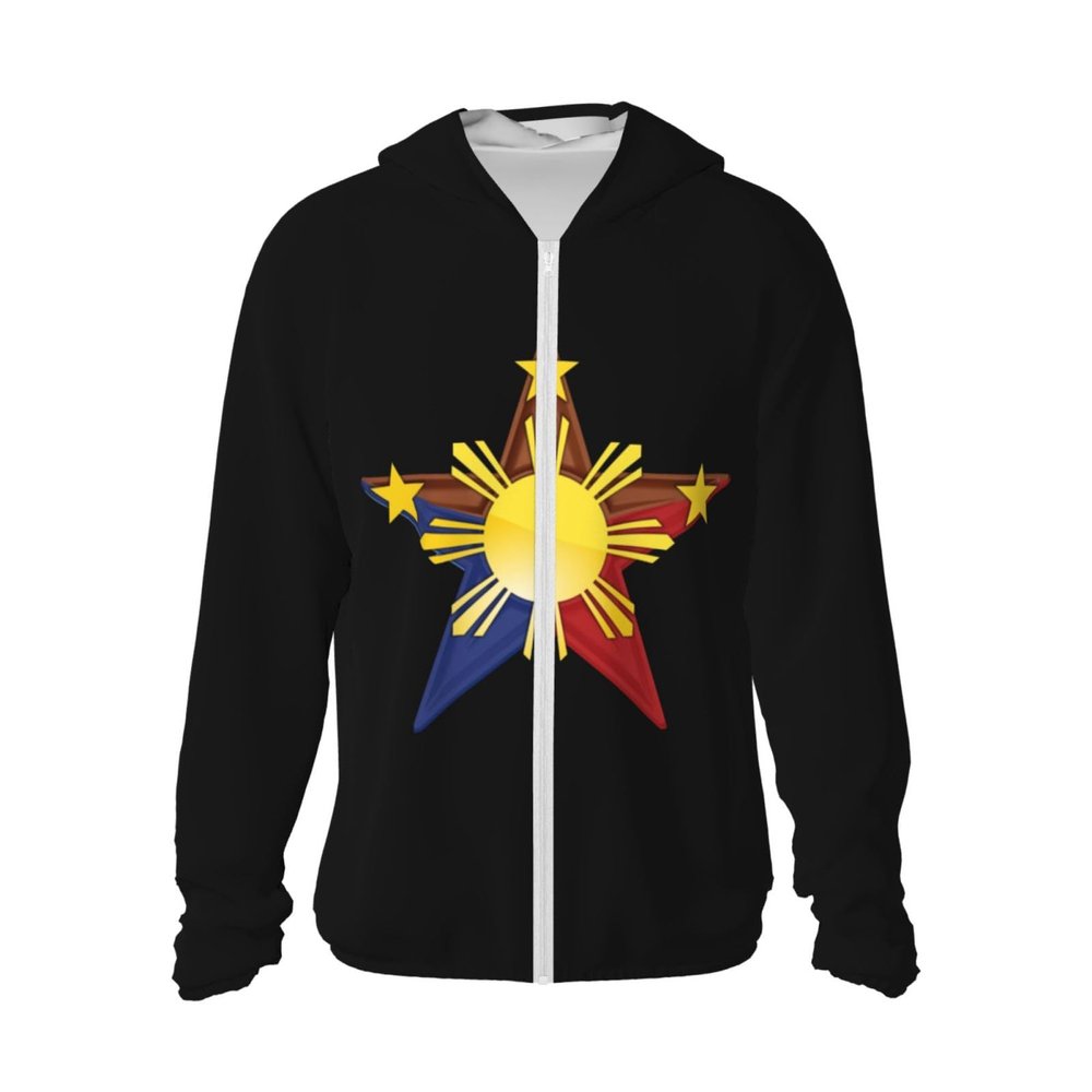 3 Stars and Sun Filipino Philippines Flag UPF 50+ Sun Protection Hoodie Mens Women's Long Sleeve Sun Protection Hoodie Full Zip Athletic Shirt Black