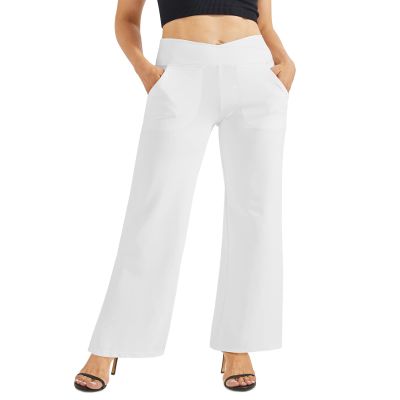 G4Free Womens High Waist Wide Leg Pants with Pockets Buttery Soft Comfy Casual Yoga Lounge Pants(White,L,Tall)