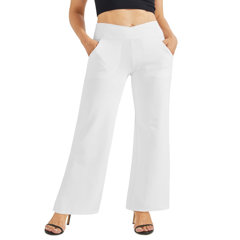 G4Free Womens High Waist Wide Leg Pants with Pockets Buttery Soft Comfy Casual Yoga Lounge Pants(White,L,Tall)
