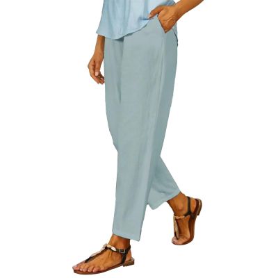 Generic Womens Wide Leg Pants Casual Relaxed Fit Crop Cotton Linen Pants Summer Elastic Waist Lounge Trousers with Pockets,Blue,XXL, XX-Large