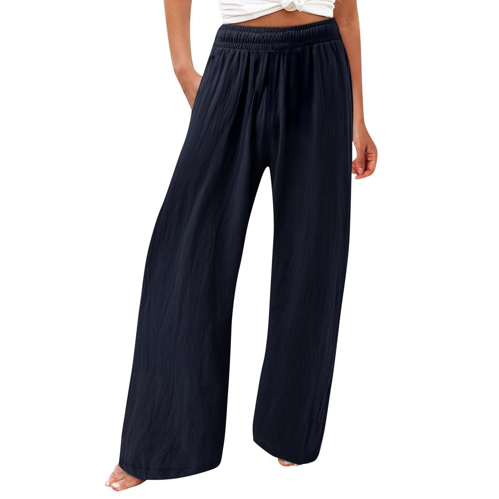 Linen Pants Women Summer Travel Women's Linen Palazzo Lounge Pants High Waist Straight Wide Leg Summer Beach Causal Trousers with Double Khaki X-Large
