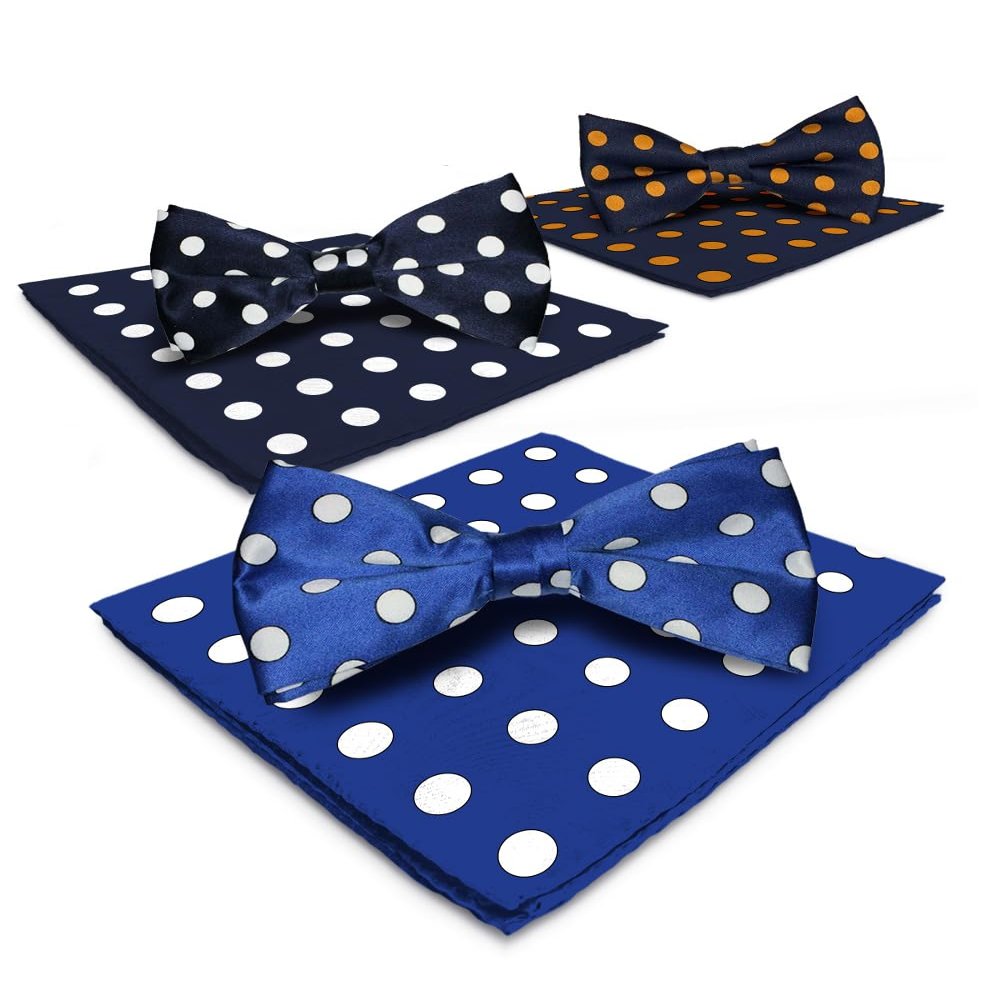 Vittorio Farina 3-Pack Polka Dot Bow Tie & Pocket Square Set (Royal/White, Navy/White, Navy/Gold)