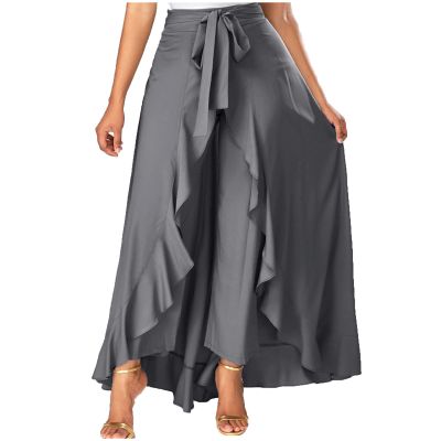 NineFit Basics Women's Irregular Ruffle Pants Skirts High Waist Knot Tie Casual Maxi Long Palazzo Culottes A-Line Skirts Trousers Gray, XX-Large