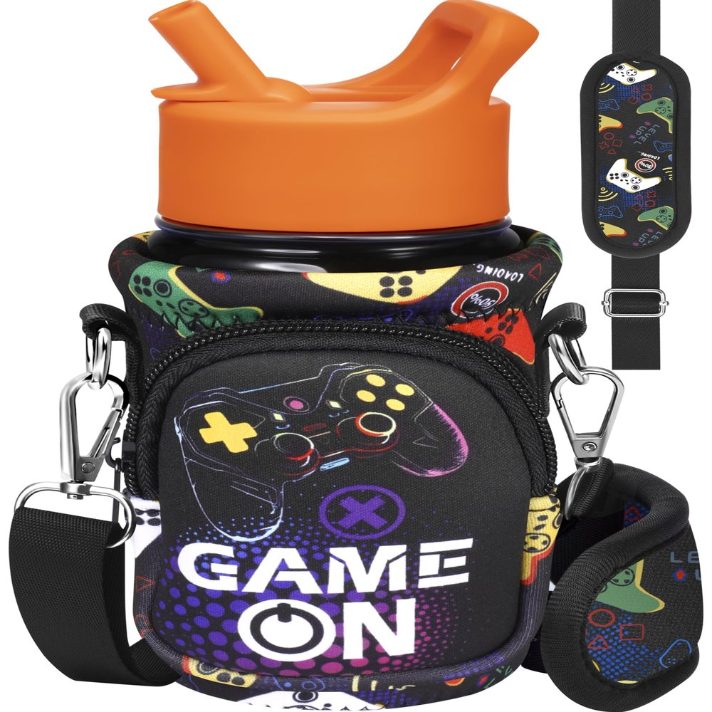 Miss Adola Water Bottle Carrier with Strap - Cute Cartoon Insulated Kids Water Bottle Holder for Boys Girls Game On Neoprene Bottle Bag for 10/12/14/16/18Oz Stainless Glass Bottles Sleeve