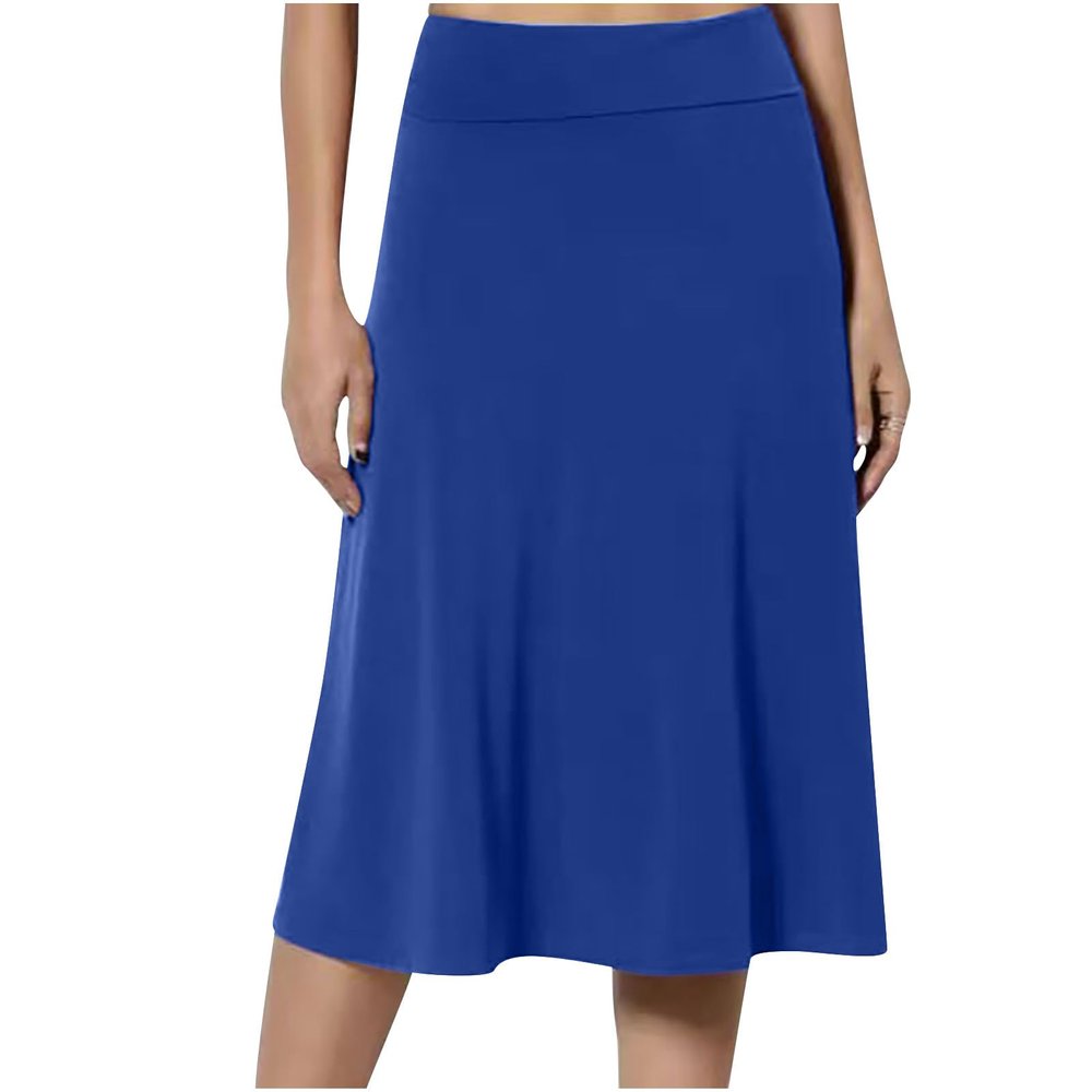 NineFit Basics Skirt for Women Solid Lightweight Flare Midi Length Pull On Long Skirt S-Xxxl Plus Size Casual High Waist A-Line Skirt, Medium, A01_blue