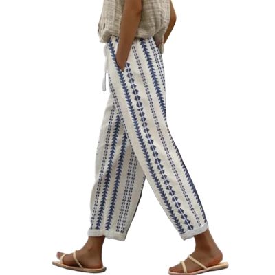 Casual Pants for Women Summer Relaxed Fit Drawstring Elastic Waist Lounge Trousers Cropped Beach Pants with Pockets,Blue,XXL