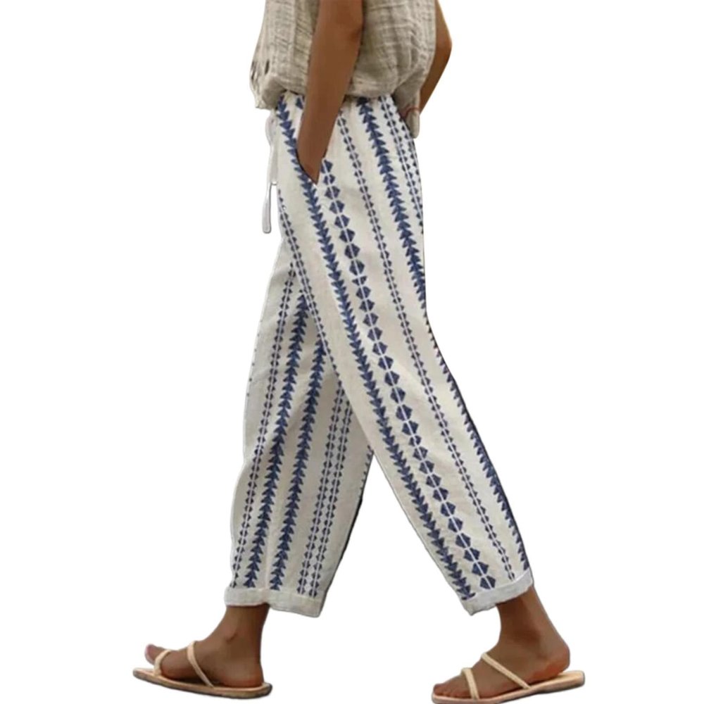Casual Pants for Women Summer Relaxed Fit Drawstring Elastic Waist Lounge Trousers Cropped Beach Pants with Pockets,Blue,XXL