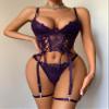 Avidlove Lingerie for Women Sexy Garter Lingerie Set Bra and Panty Set Floral Lace Nightgown Deep Purple Small view 4