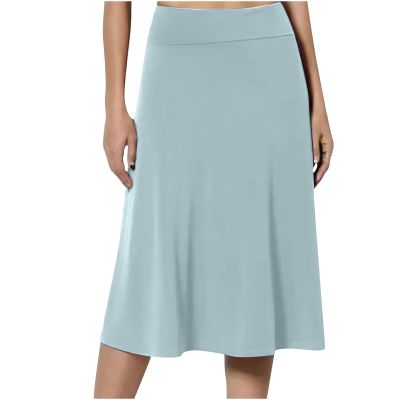 NineFit Basics Skirt for Women Solid Lightweight Flare Midi Length Pull On Long Skirt S-Xxxl Plus Size Casual High Waist A-Line Skirt, Medium, A02_light Blue