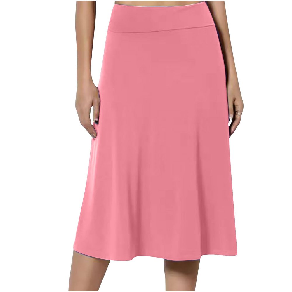 NineFit Basics Skirt for Women Solid Lightweight Flare Midi Length Pull On Long Skirt S-Xxxl Plus Size Casual High Waist A-Line Skirt, Medium, A01_pink