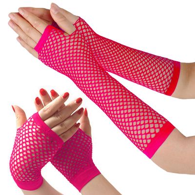 Dolebao Fishnet Fingerless Gloves for Women Girls 80s Party Costume Wedding Evening Party Accessories, Long & Short 2 pairs(Rose Red)