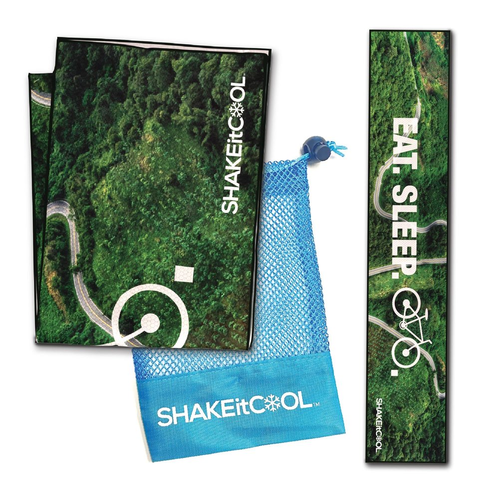 SHAKEitCOOL Original Cooling Towel Be Cool in Style - Heat Relief, Soft, Lightweight, Sun Protection, Easy Clean - Perfect for Biking, Running, Yoga, Gym, Gardening - Eat.Sleep.Bike