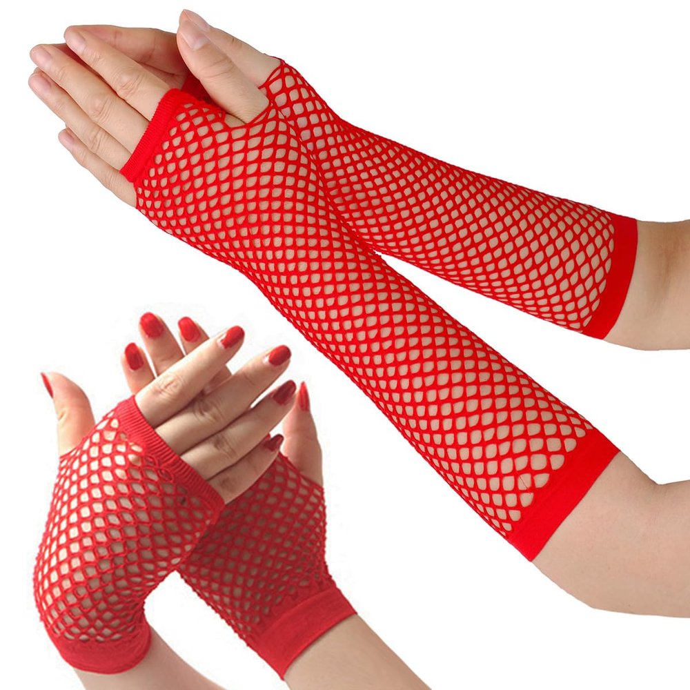 Dolebao Fishnet Fingerless Gloves for Women Girls 80s Party Costume Wedding Evening Party Accessories, Long & Short 2 pairs(Red)